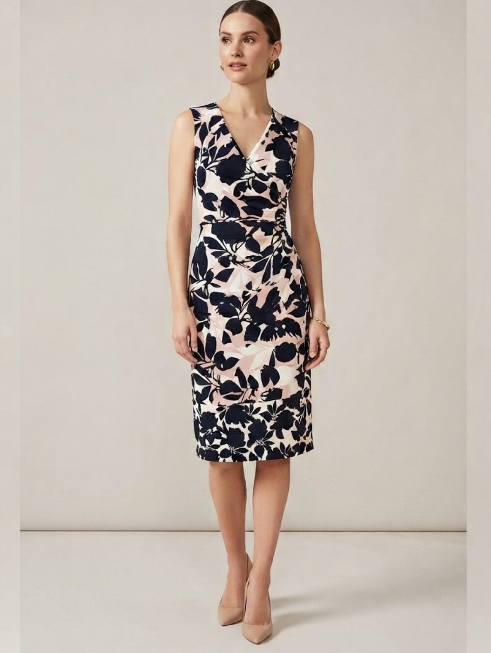 Phase Eight Anoushka Floral Jersey Midi Dress in Pink and Navy US Size 8